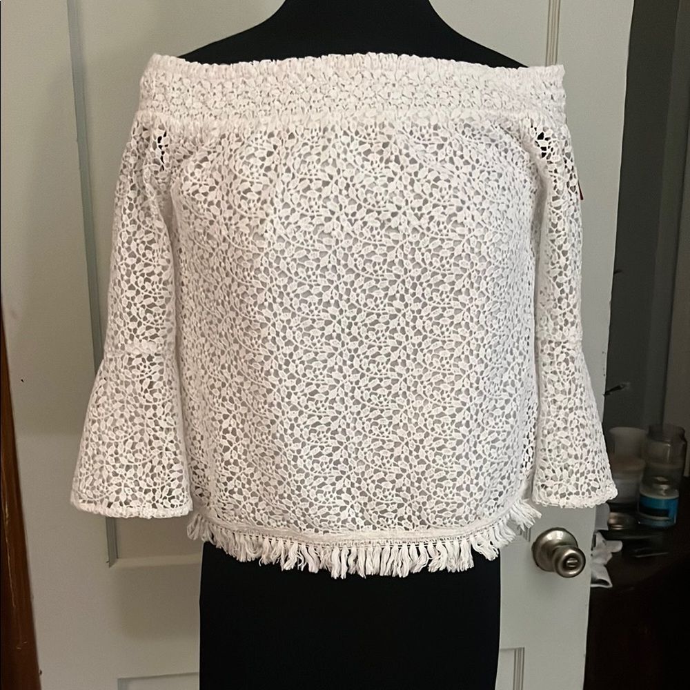 Kaari Blue White Bell Sleeve Off-Shoulder Blouse